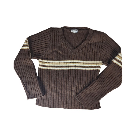 rave Sweaters - Vintage Rave Brown Ribbed Striped V-Neck Sweater Y2K Made in‎ USA Medium